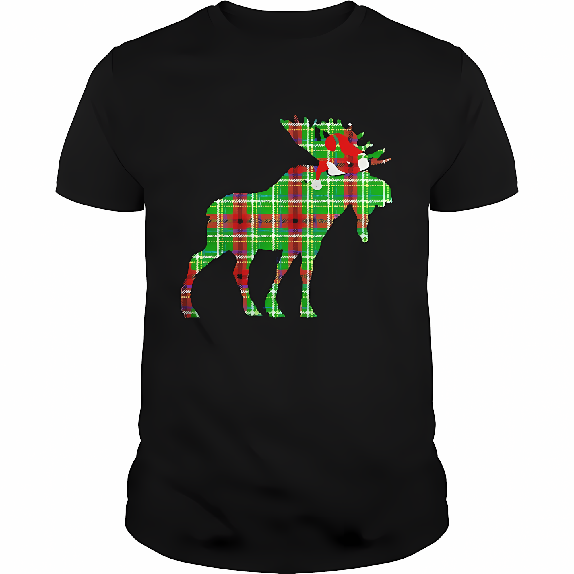 Plaid Moose Christmas T-Shirt, Santa Hat Moose Holiday Graphic Shirt, Christmas Gift
