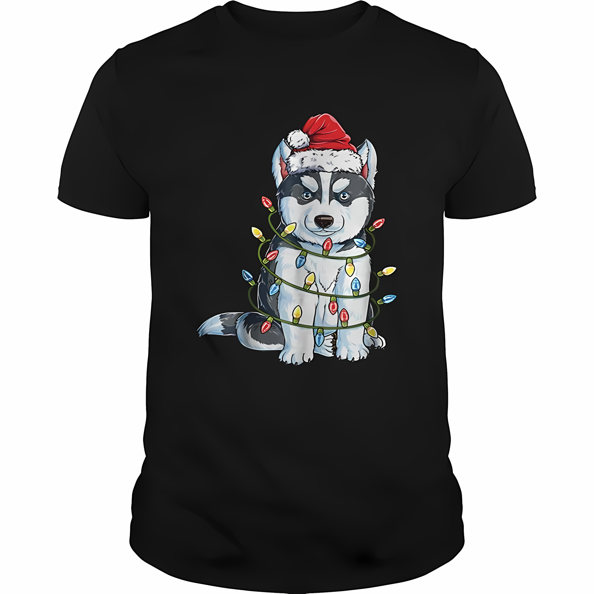 Siberian Husky Christmas T-Shirt, Santa Hat Dog Christmas Lights Holiday Shirt, Husky Lover Gift