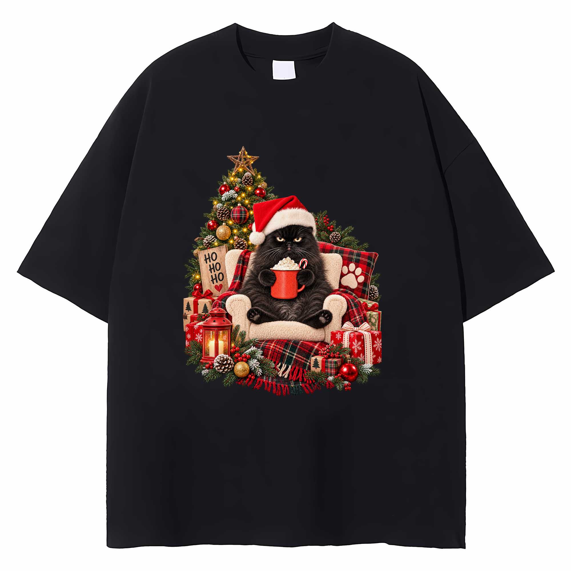 Black Cat Christmas T-shirt Holiday Cat Graphic Tee Gift For Cat Lovers