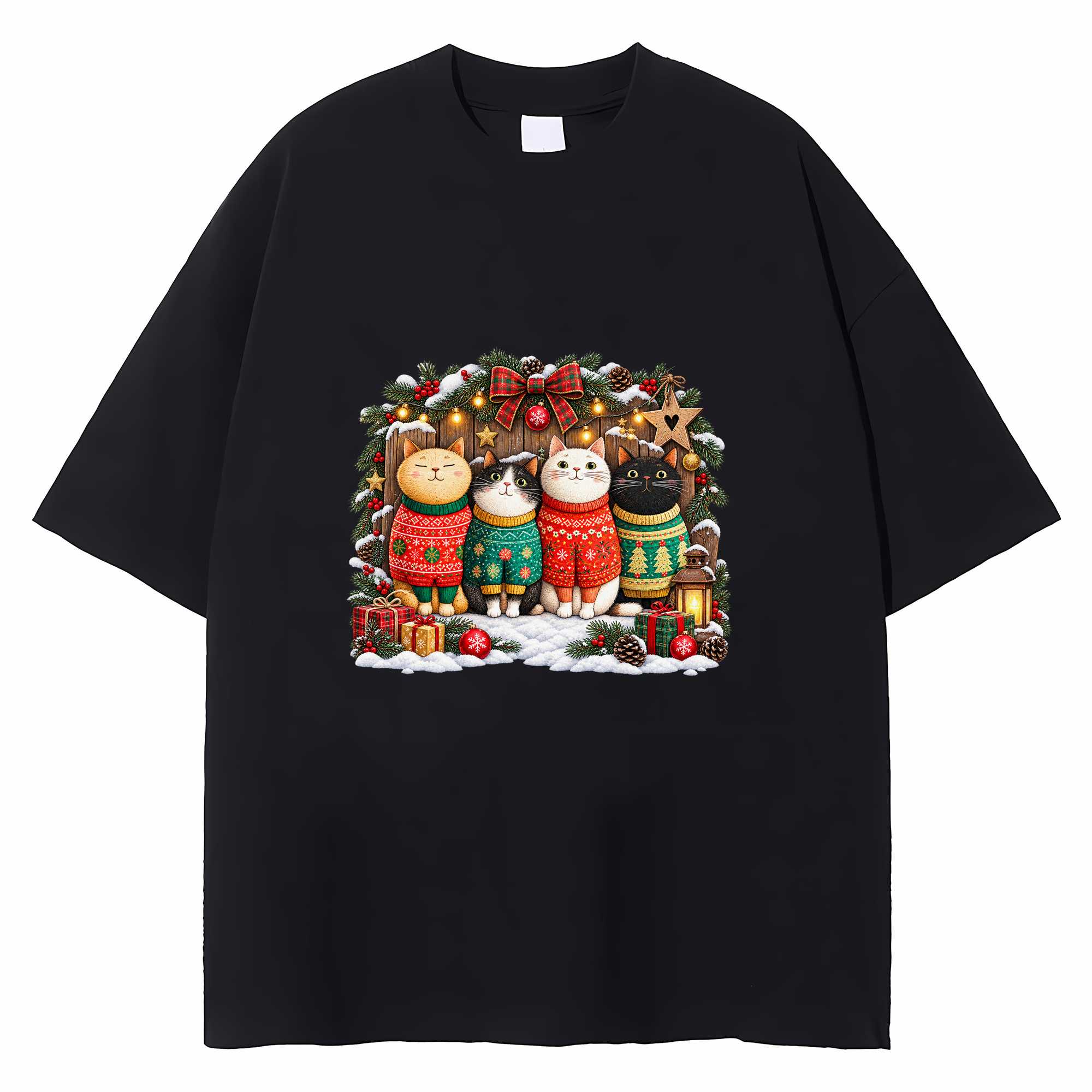 Cute Cat Christmas T-shirt Ugly Holiday Graphic Tee Cat Mom Dad Gift