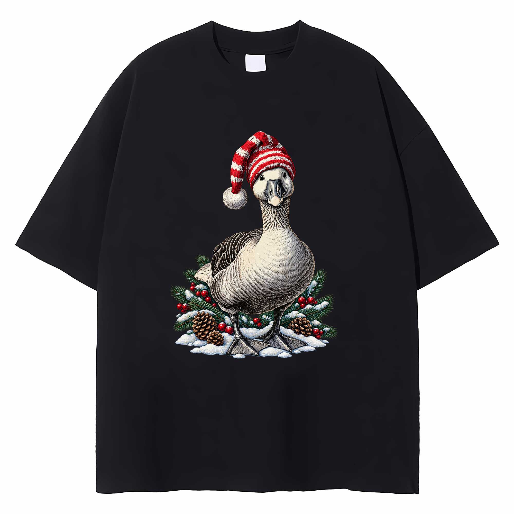 Funny Goose Christmas T-shirt Santa Hat Holiday Bird Graphic Tee Gift
