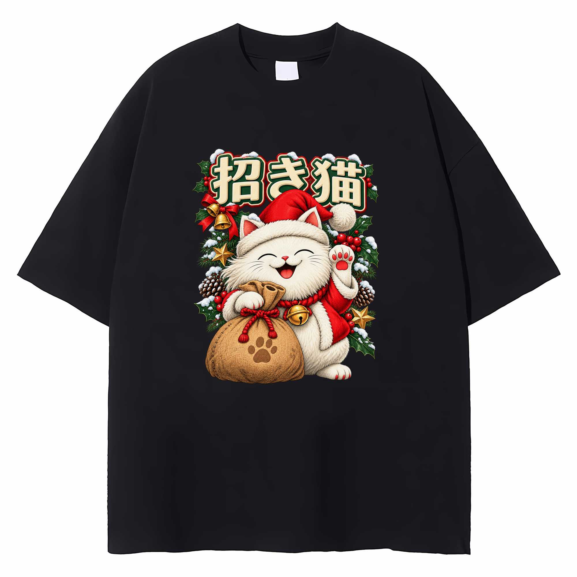 Maneki Neko Christmas T-shirt Japanese Lucky Cat Holiday Graphic Tee Gift