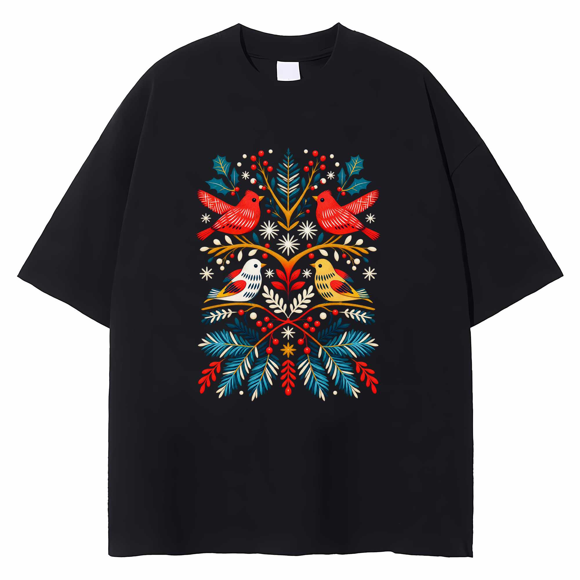 Nordic Bird Christmas T-shirt Scandinavian Folk Art Holiday Graphic Tee Gift