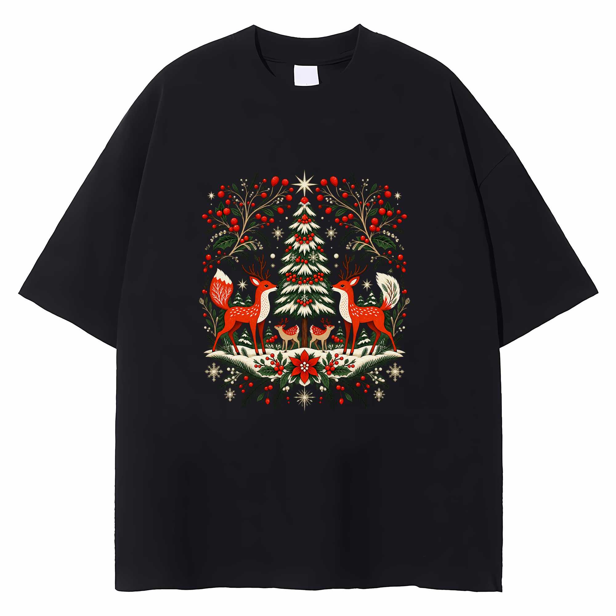 Nordic Christmas T-shirt Fox Deer Tree Cottagecore Holiday Graphic Tee