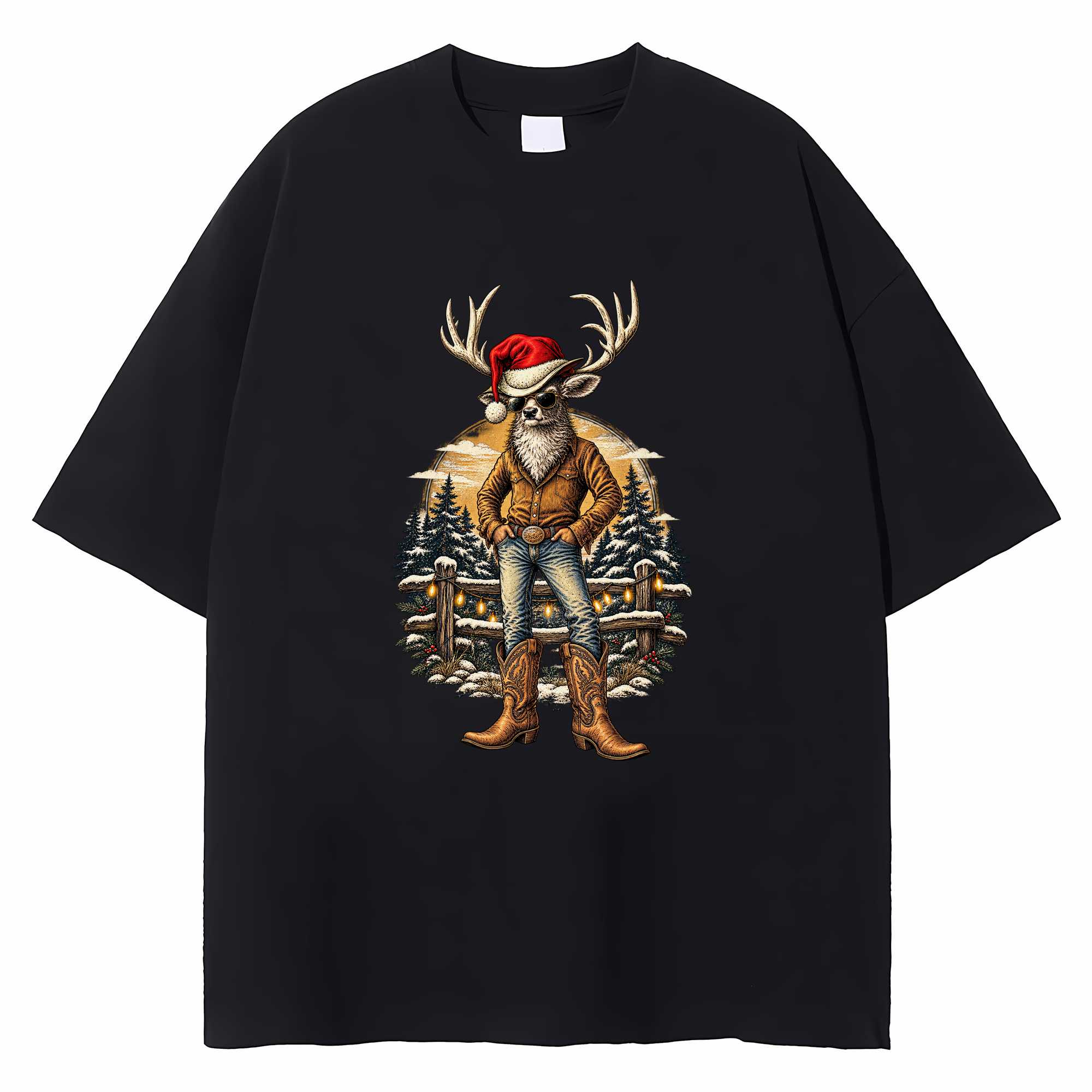 Reindeer Christmas T-shirt Western Cowboy Holiday Graphic Tee Deer Lover Gift