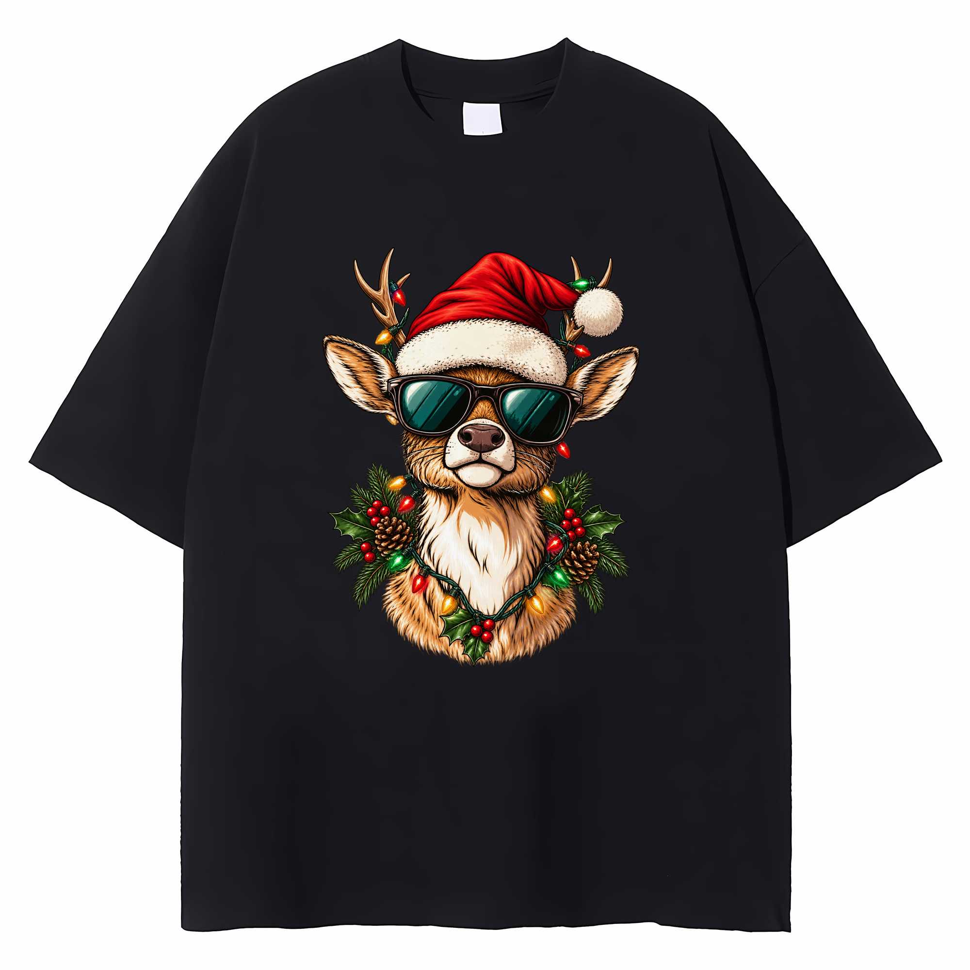 Retro Reindeer Christmas T-shirt Funny Sunglasses Santa Hat Graphic Tee Gift