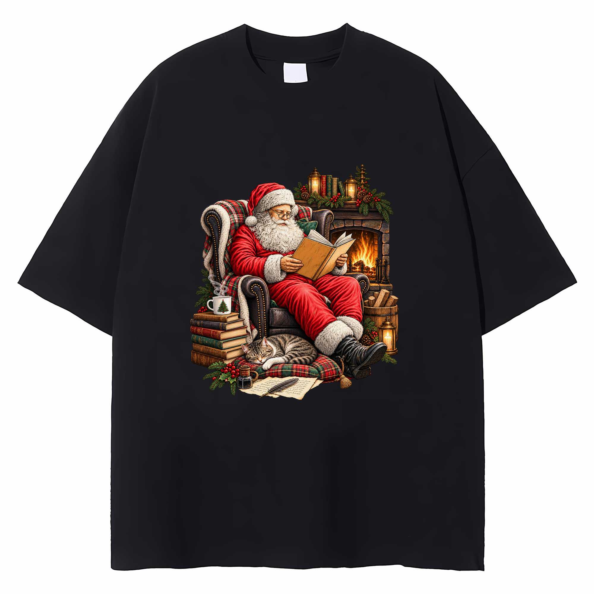Santa Reading Christmas T-shirt Bookish Holiday Graphic Tee Book Lover Gift