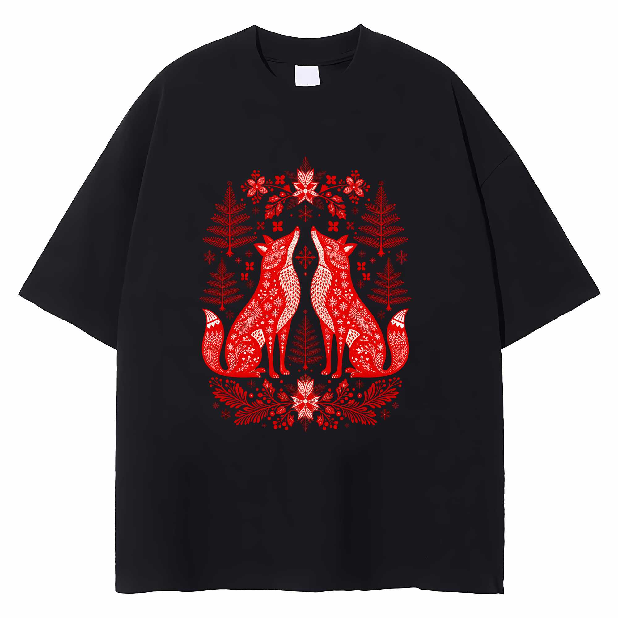 Scandinavian Christmas T-shirt Folk Art Fox Hygge Holiday Graphic Tee Gift