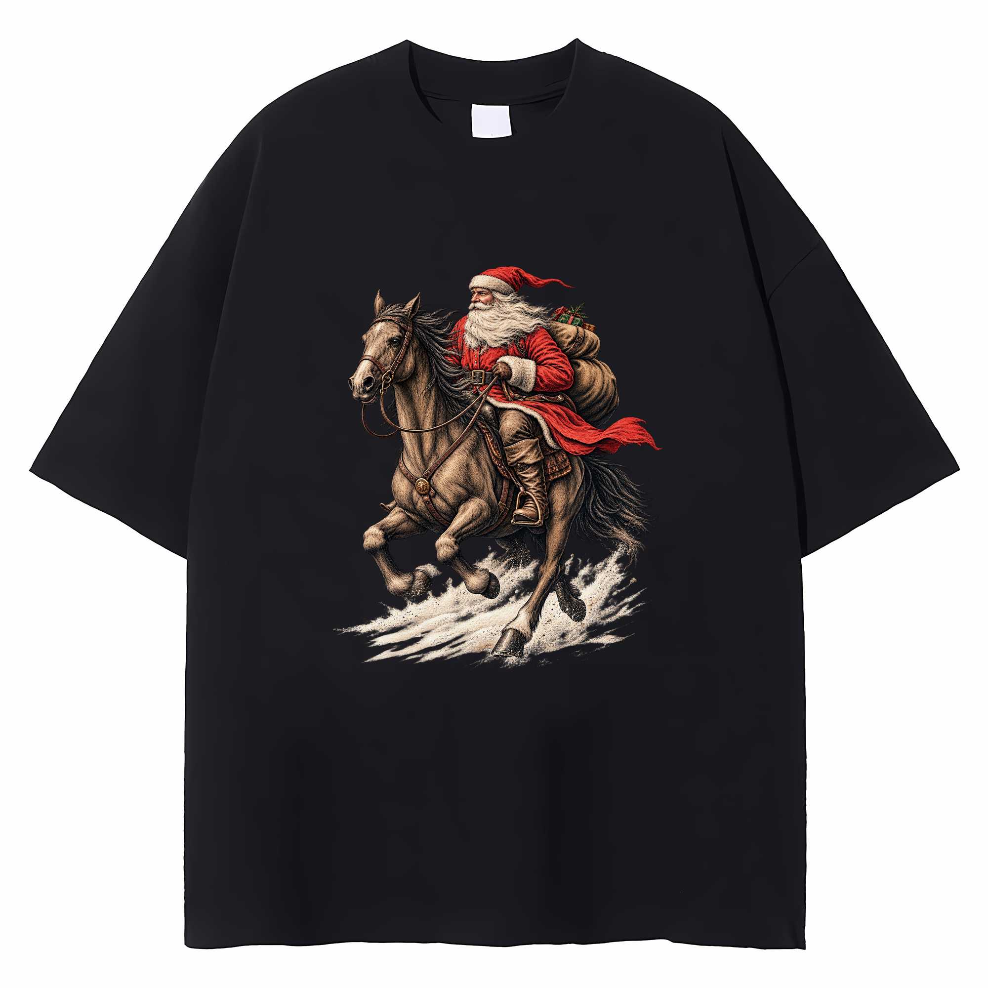Vintage Santa Horse Christmas T-shirt Equestrian Holiday Graphic Tee Gift